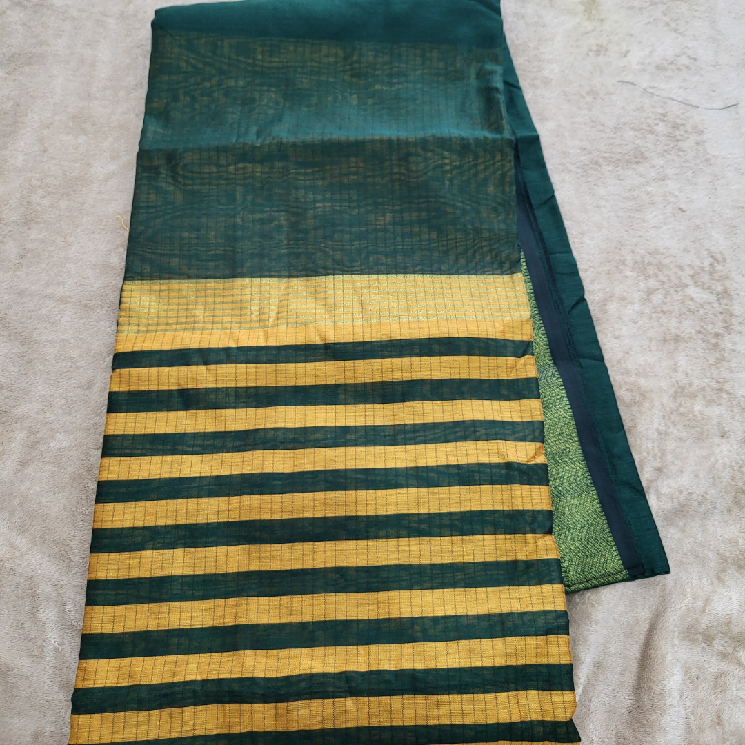 KHADI CHECKS BOTTLE GREEN SAREE - ES410