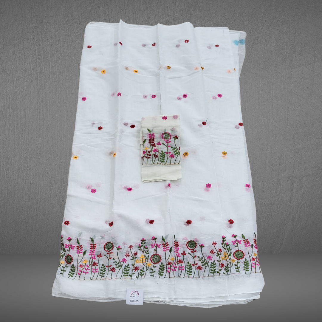 KHADI WHITE FLORAL SAREE - ES413