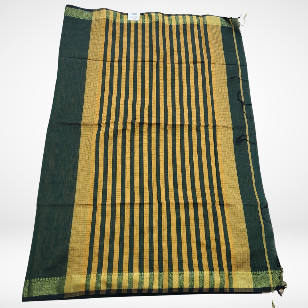 KHADI CHECKS BOTTLE GREEN SAREE - ES410