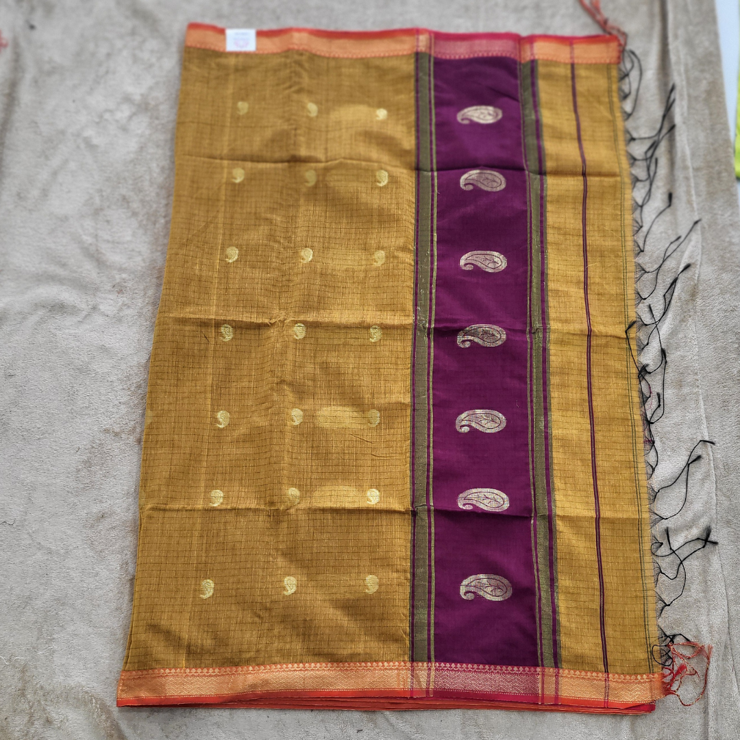 KHADI CHECKS MUSTARD YELLOW SAREE - ES410