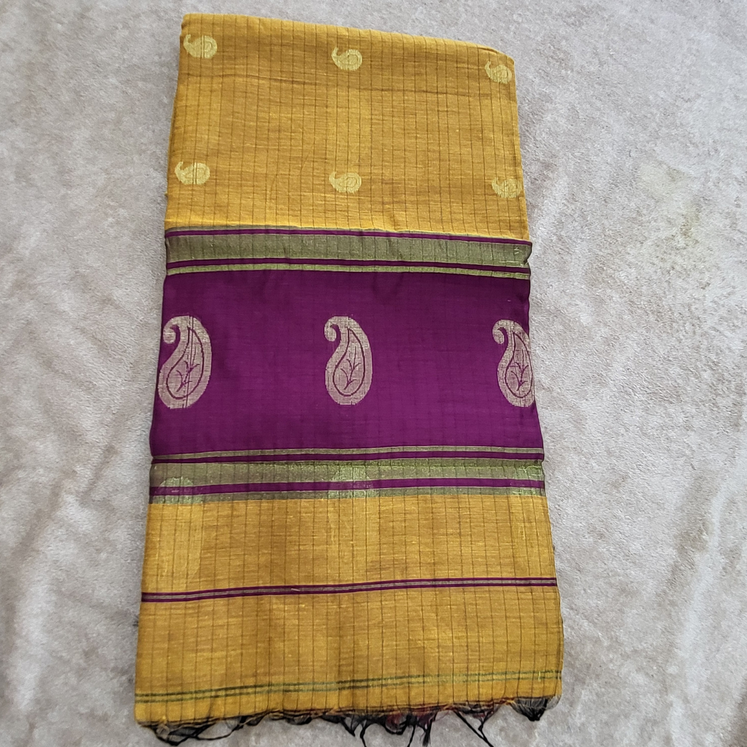 KHADI CHECKS MUSTARD YELLOW SAREE - ES410