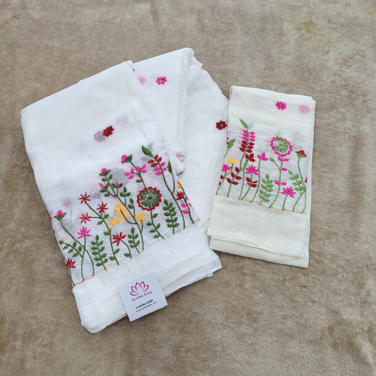 KHADI WHITE FLORAL SAREE - ES413