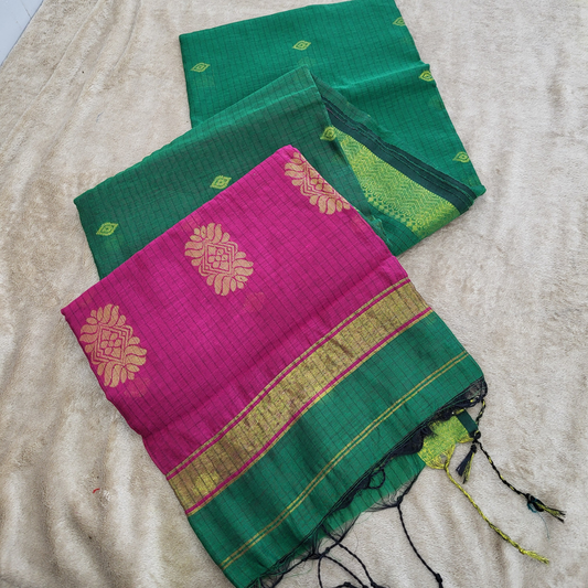 KHADI CHECKS BOTTLE GREEN SAREE - ES410