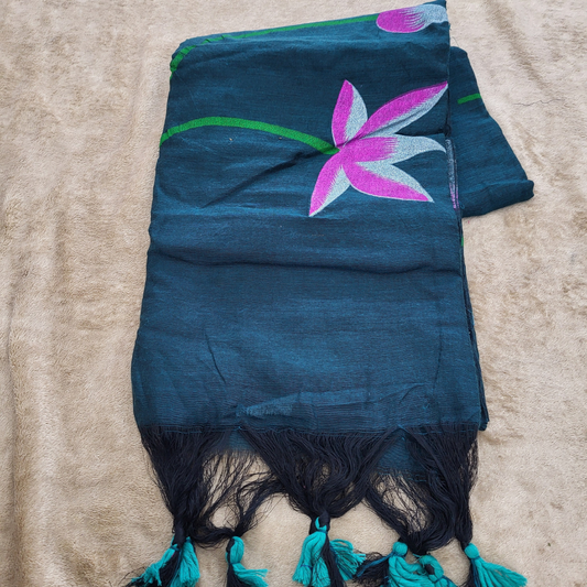 KHADI LOTUS PEACOCK BLUE SAREE _ ES408