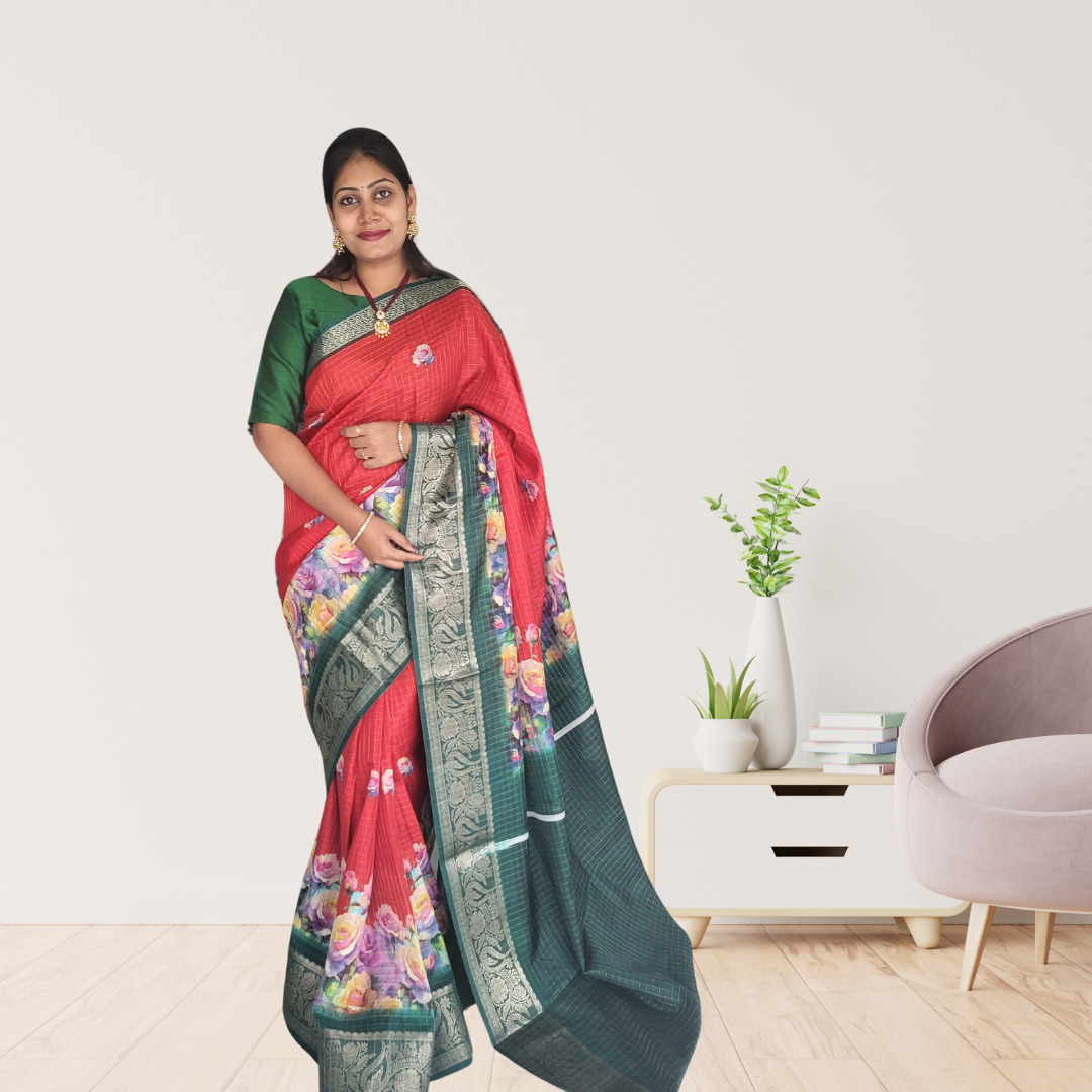 Kalamkari Chex Saree - ES234