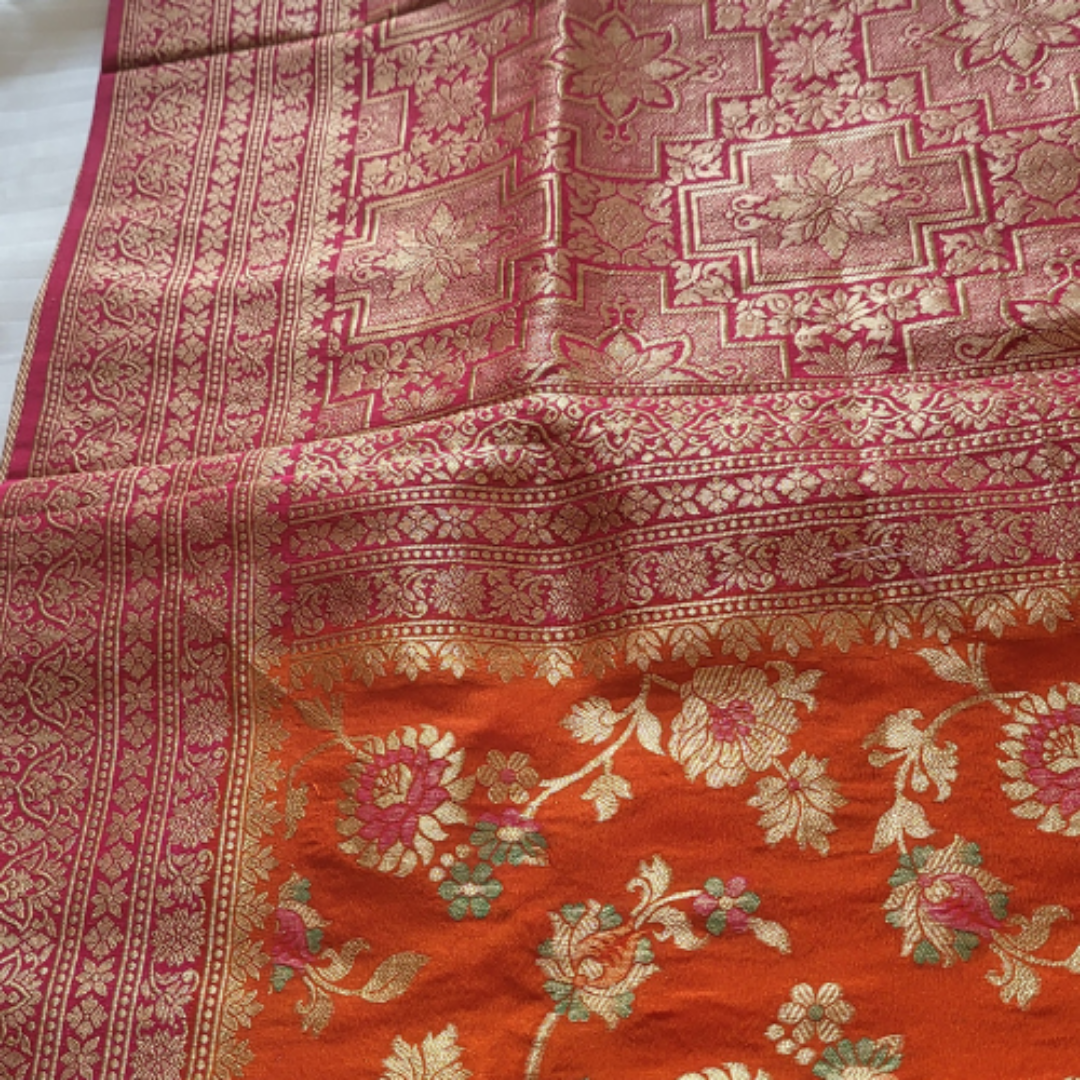 Orange Banaras Floral Saree - ES264