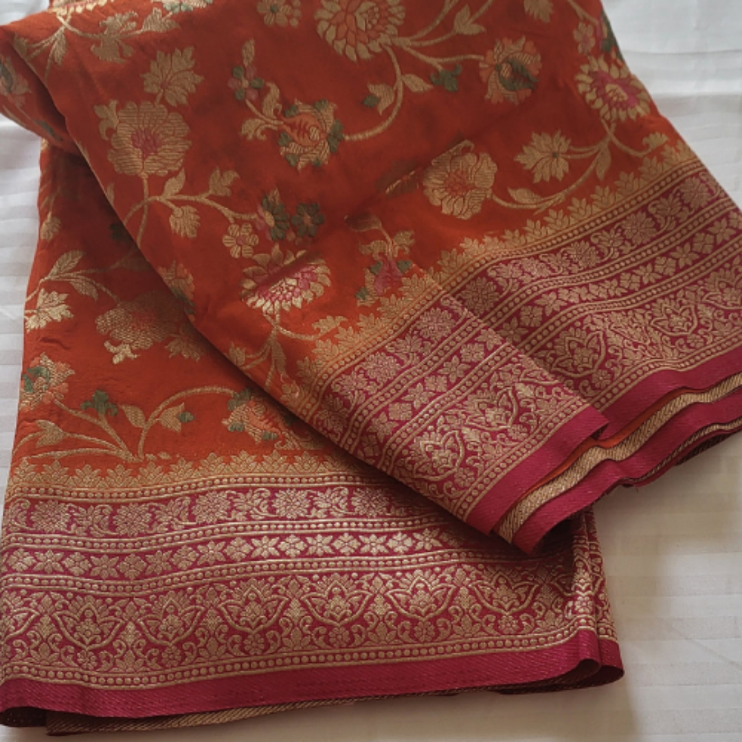 Orange Banaras Floral Saree - ES264