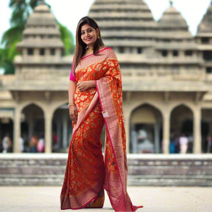 Orange Banaras Floral Saree - ES264