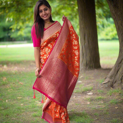 Orange Banaras Floral Saree - ES264