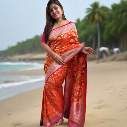 Orange Banaras Floral Saree - ES264