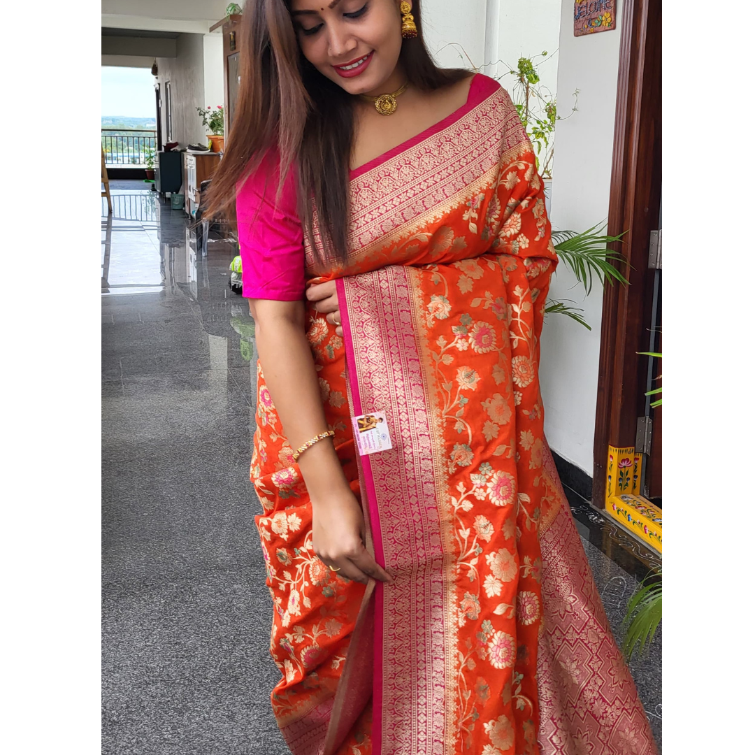 Orange Banaras Floral Saree - ES264